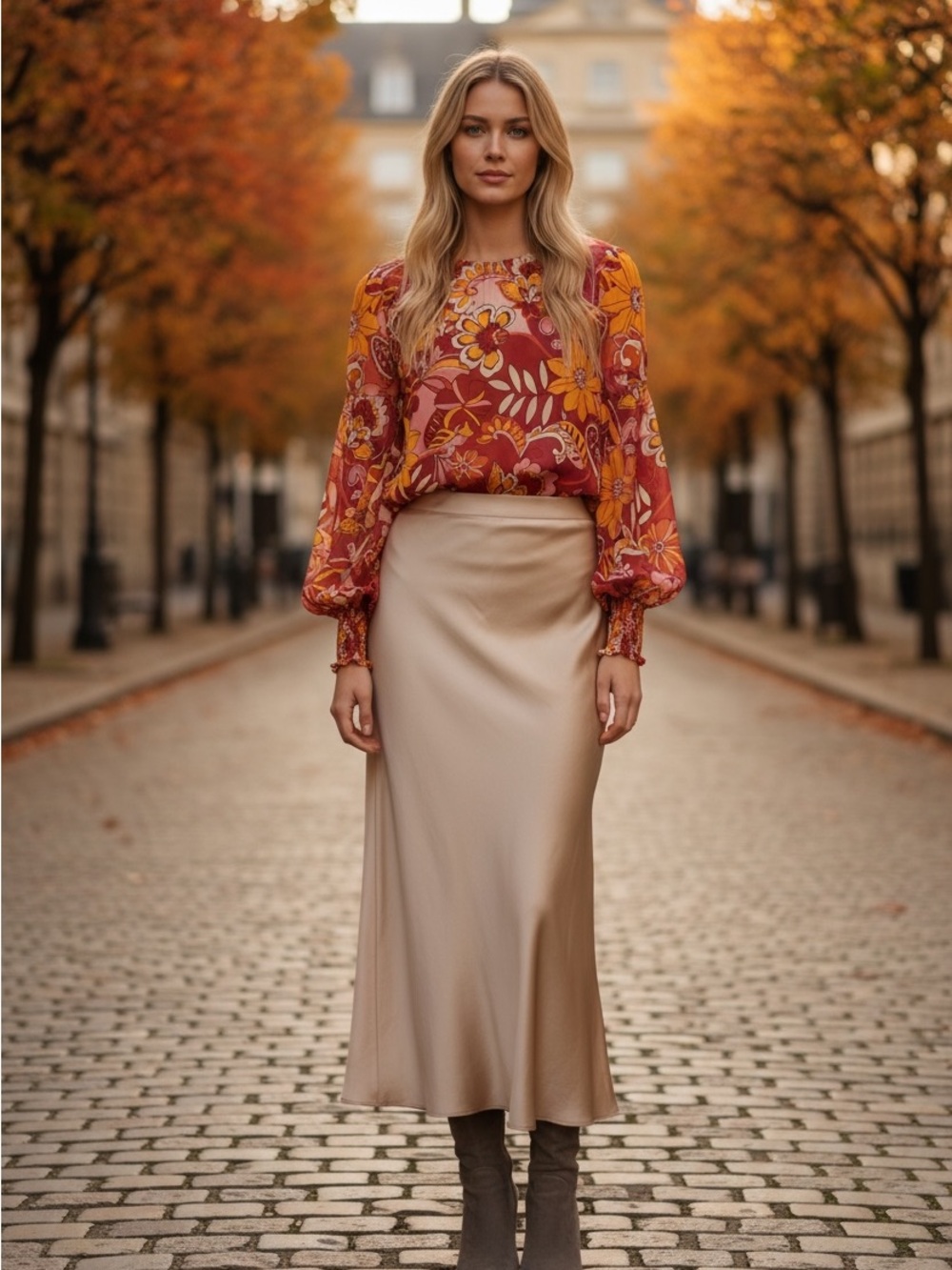 Aratta Floral Long-Sleeve Blouse in Rust, Yellow & Pink
